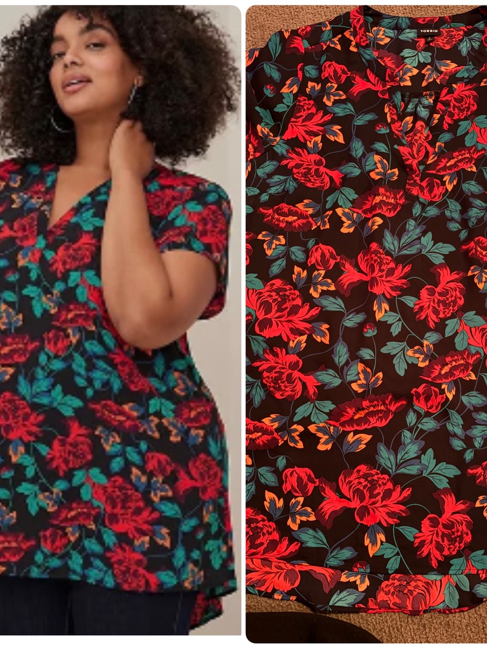 torrid Black Floral V‑Neck Blouse with Red & Teal Flowers